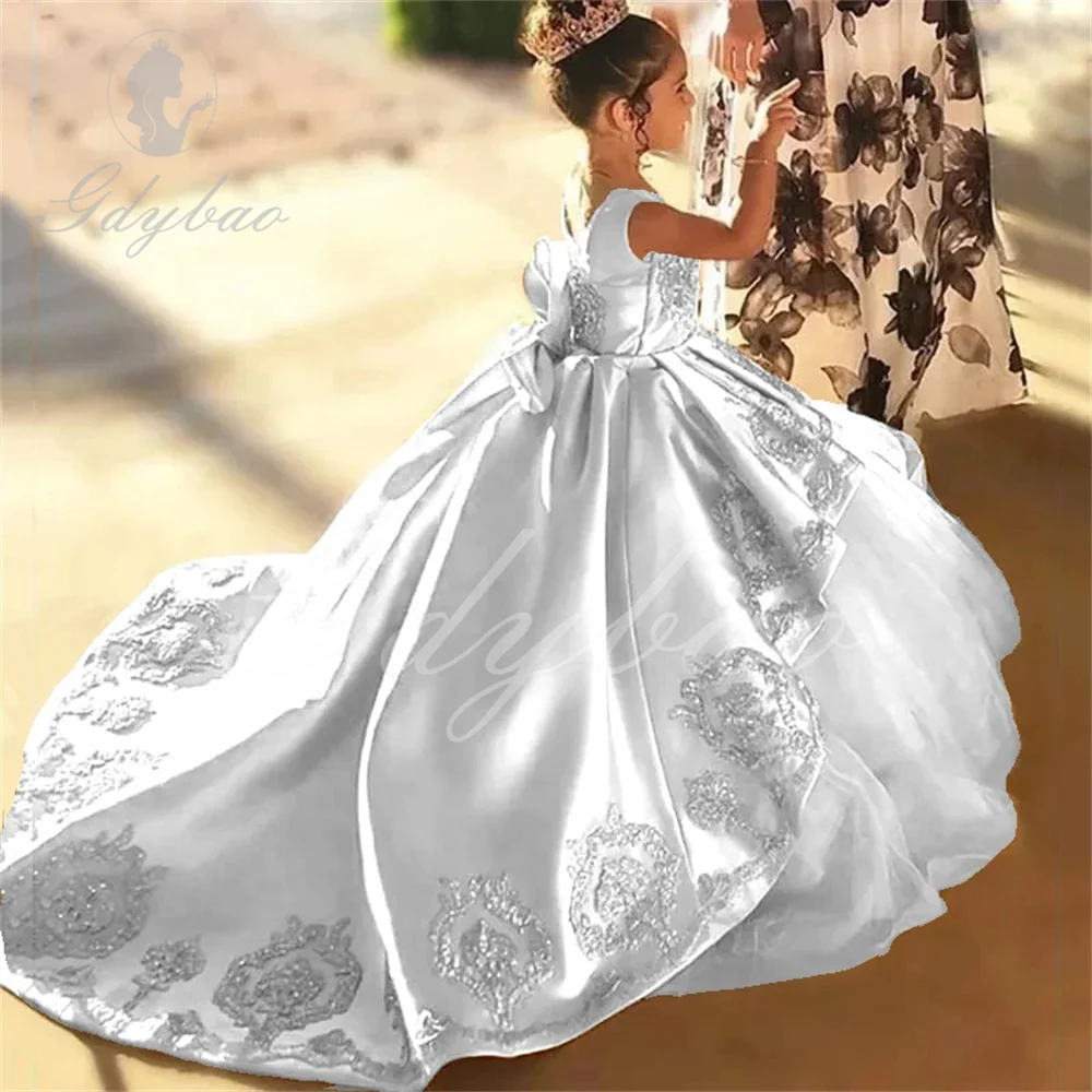 Summer Clothing For Teen Girls - Beyaz saten çiçek kız elbise düğün